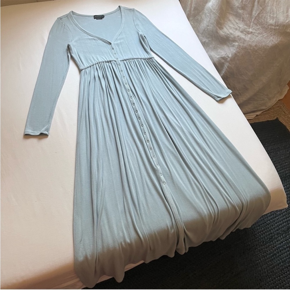 HATCH dusty blue rib knit rayon elastane snap button up long sleeve maxi dress
